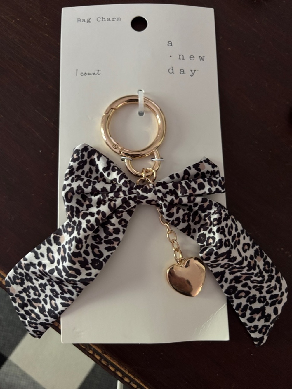 a new day Black & White Leopard Bow Keychain with Gold Heart Charm